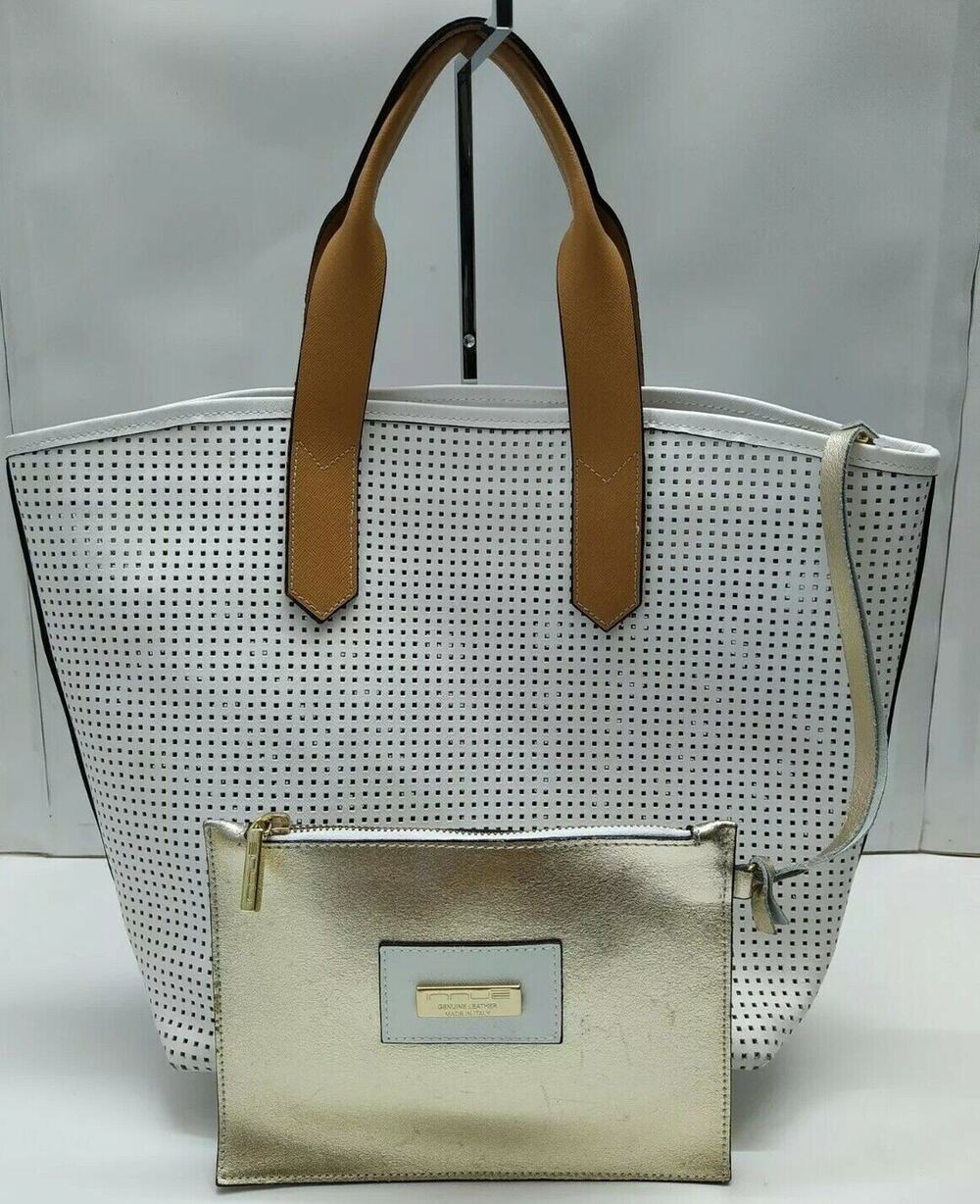 Innue White Leather Double Handles Tote Shoulder Bag w/ Wallet - Made in Italy
